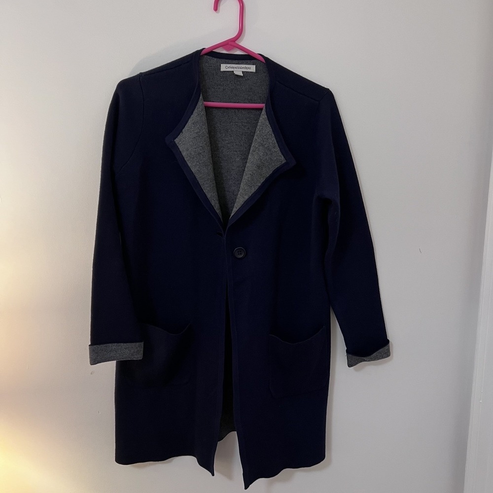 Catherine Malandrino Women's Navy Blue & Grey Knit Button Coatigan Jacket Size